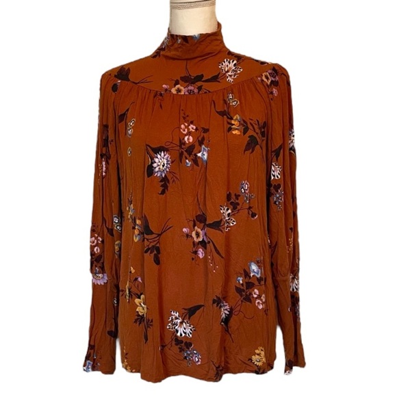 Ann Taylor Rust Floral Stretchy Turtleneck Puff Sleeve Women’s Small Blouse - Picture 13 of 13